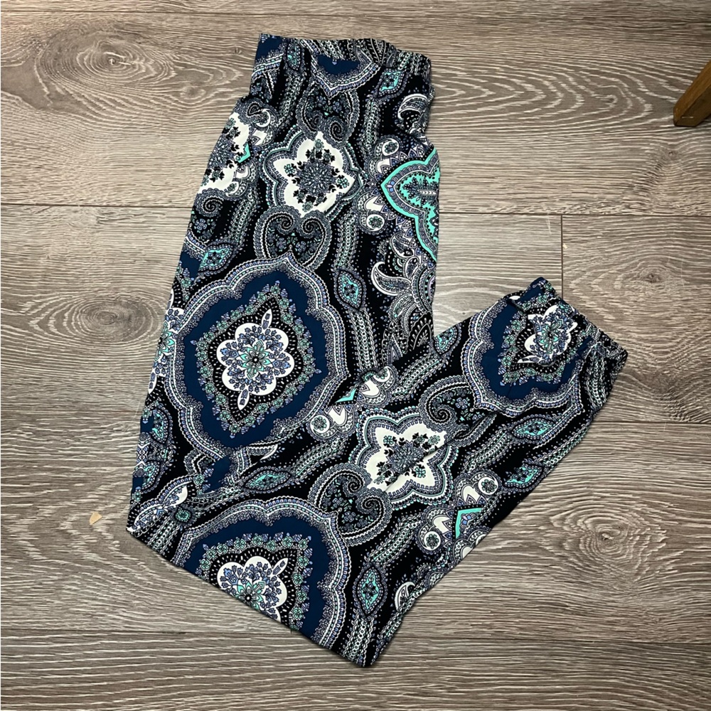 Ambiance Medium Blue and White Paisley Boho Pants